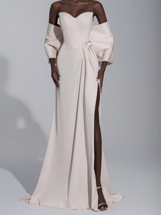Dresses & Skirts - Apricot Elegant Women's Satin Strapless V-Neck High Slit Shawl